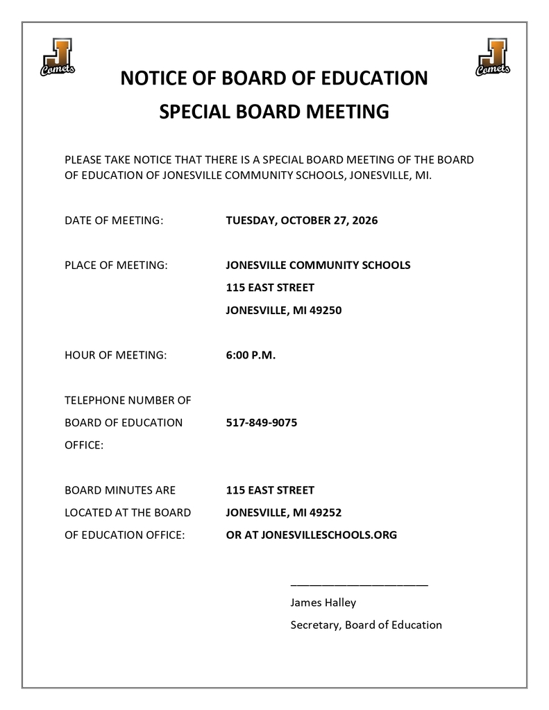 Special Board Meeting October 27, 2026 at 6 pm