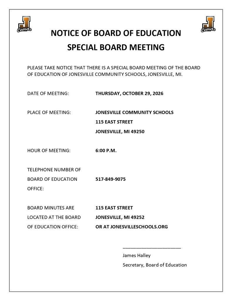 Special Board Meeting 10/29/26 at 6 p.m.