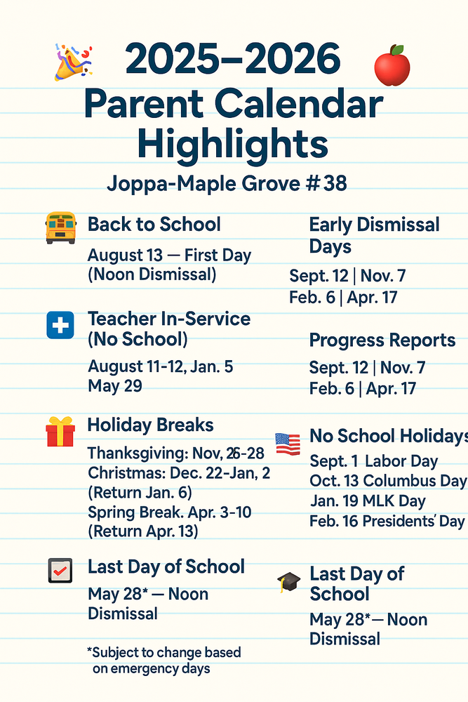 2025-2026 Parent Calendar Highlights