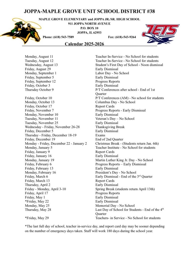  2025-2026 Joppa-Maple Grove School Calendar
