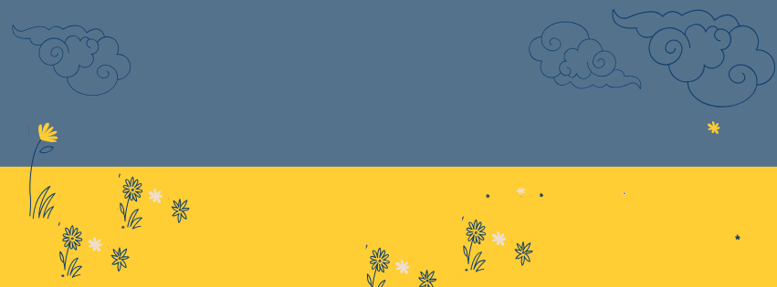 blue and yellow background with flower and cloud outlines