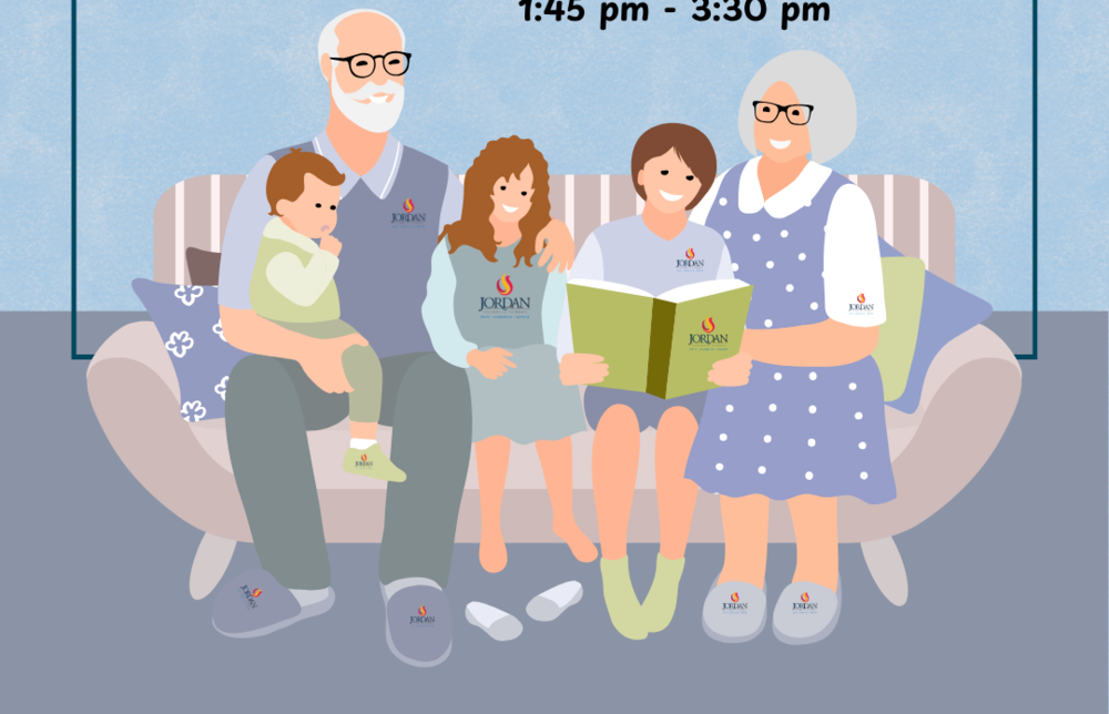 cartoon graphic of grandparents sitting with children on a couch