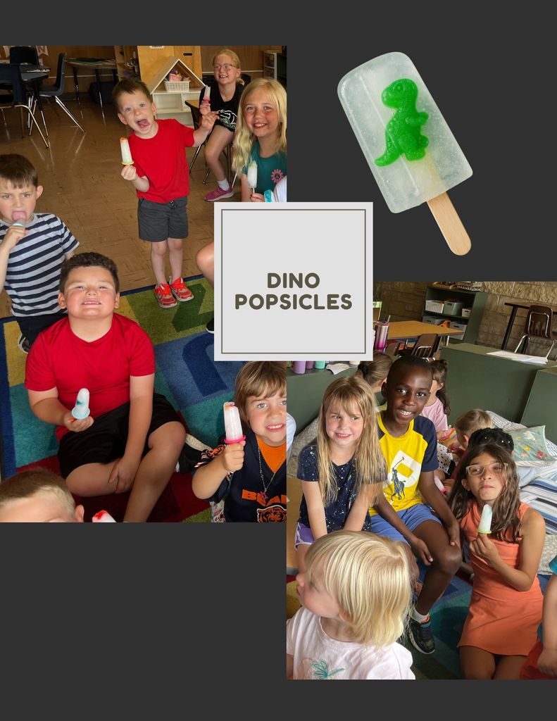 photo collage of students eating dino popsicles