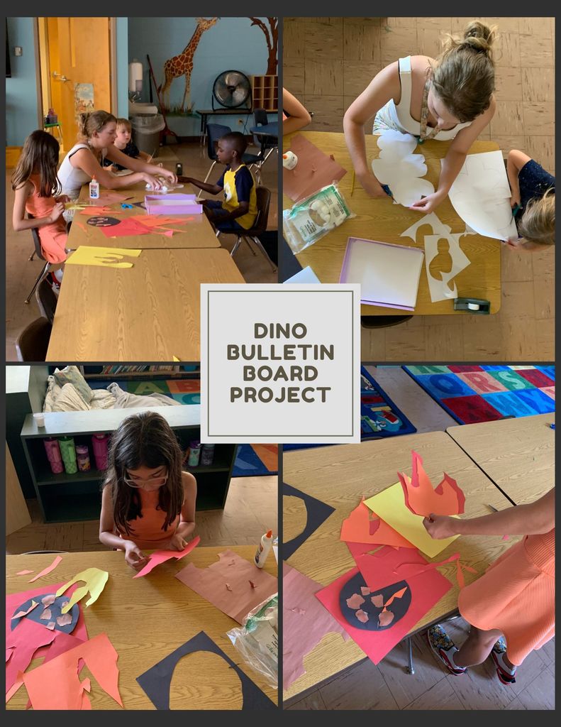 photo collage of students working on a dino bulletin board project