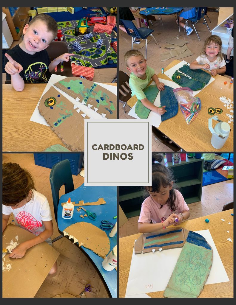 photo collage of students creating dino heads with cardboard