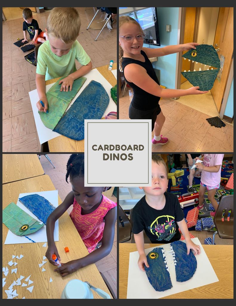 photo collage of students creating dino heads with cardboard