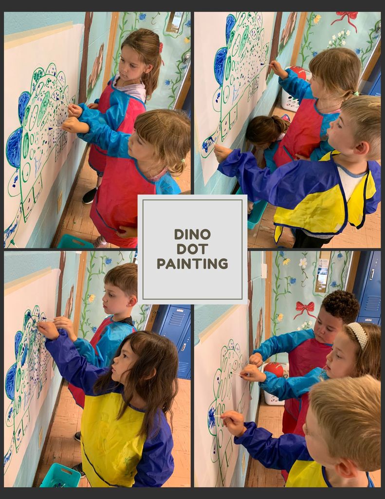 photo collage of students creating dino dot paitings