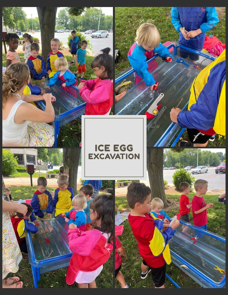 photo collage of students excavating ice dino eggs