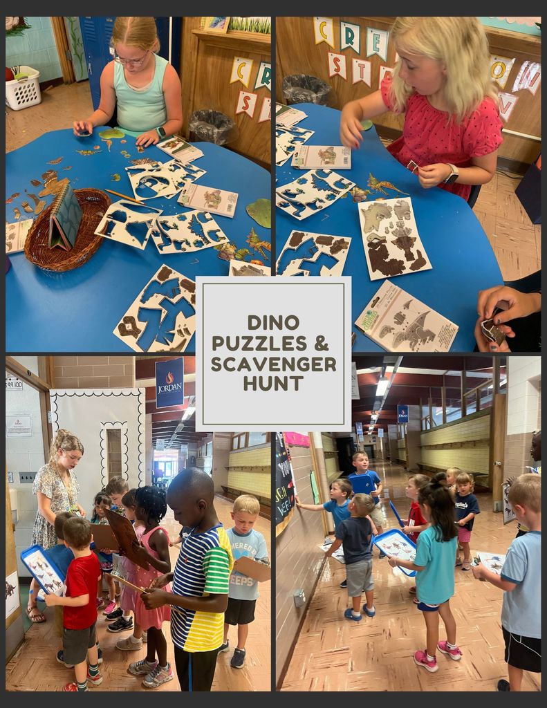 photo collage of students completing dino puzzles and going on a scavenger hunt
