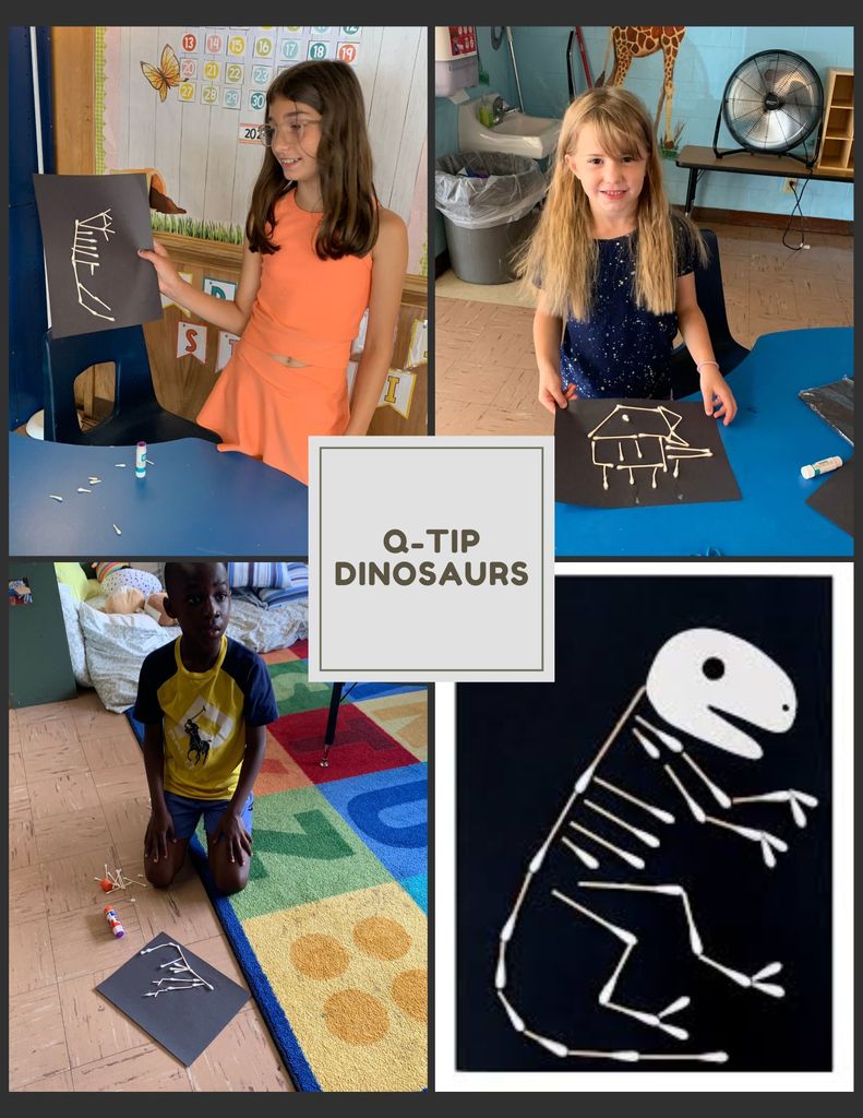photo collage of students creating dino art with cotton swabs