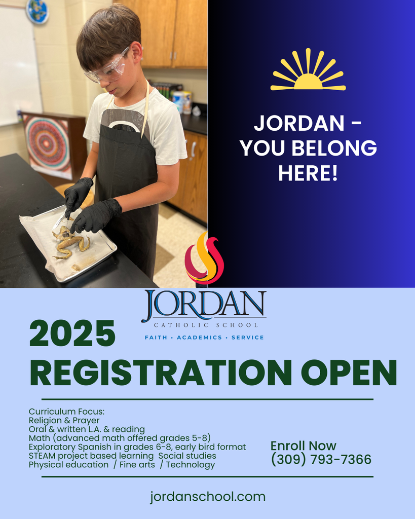 advertisement for school enrollment with blue background and photo of student dissecting a frog in a science lab