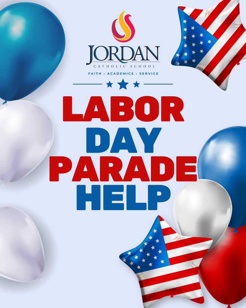 image with light blue background, red white and blue balloons and the words "Labor Day Parade Help"