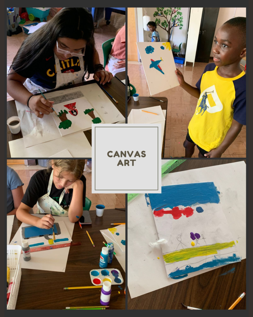 photo collage of students creating canvas art