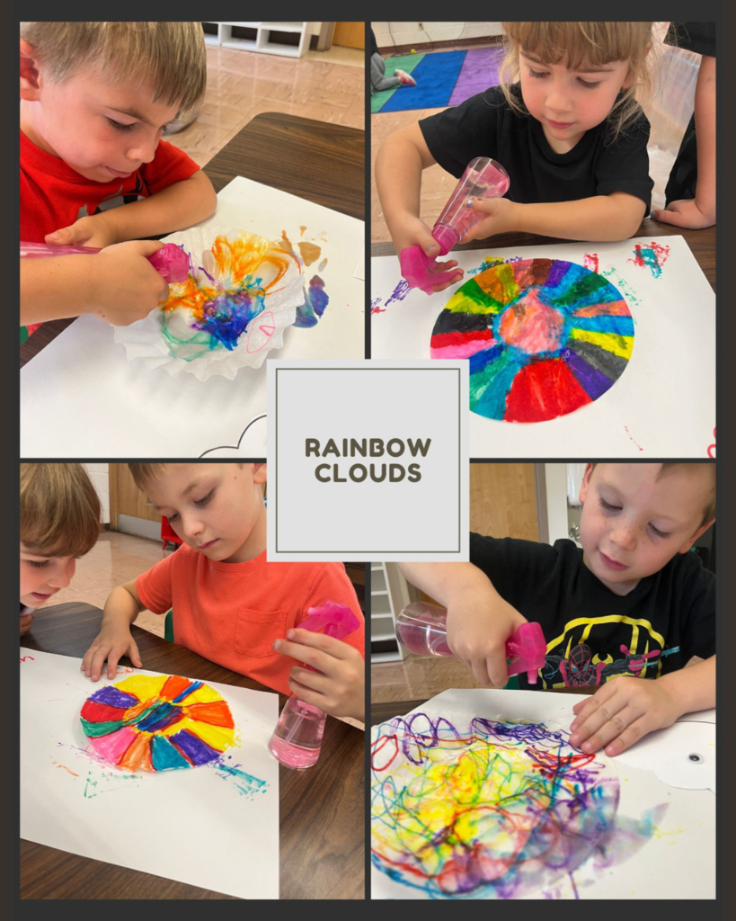photo collage of students creating rainbow cloud art