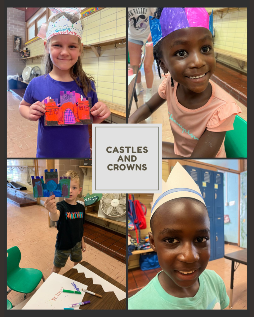 photo collage of students showing off their handmade castles and crowns