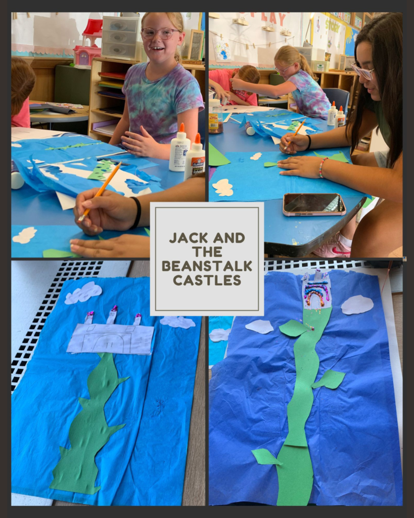 photo collage of students creating jack and the beanstalk castle scene
