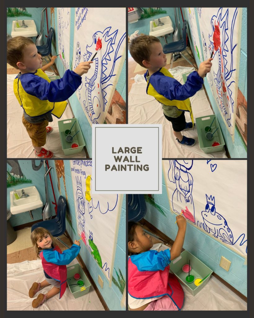 photo collage of students painting on large wall canvases