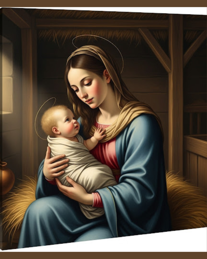 image portraying Mary holding baby Jesus in a stable