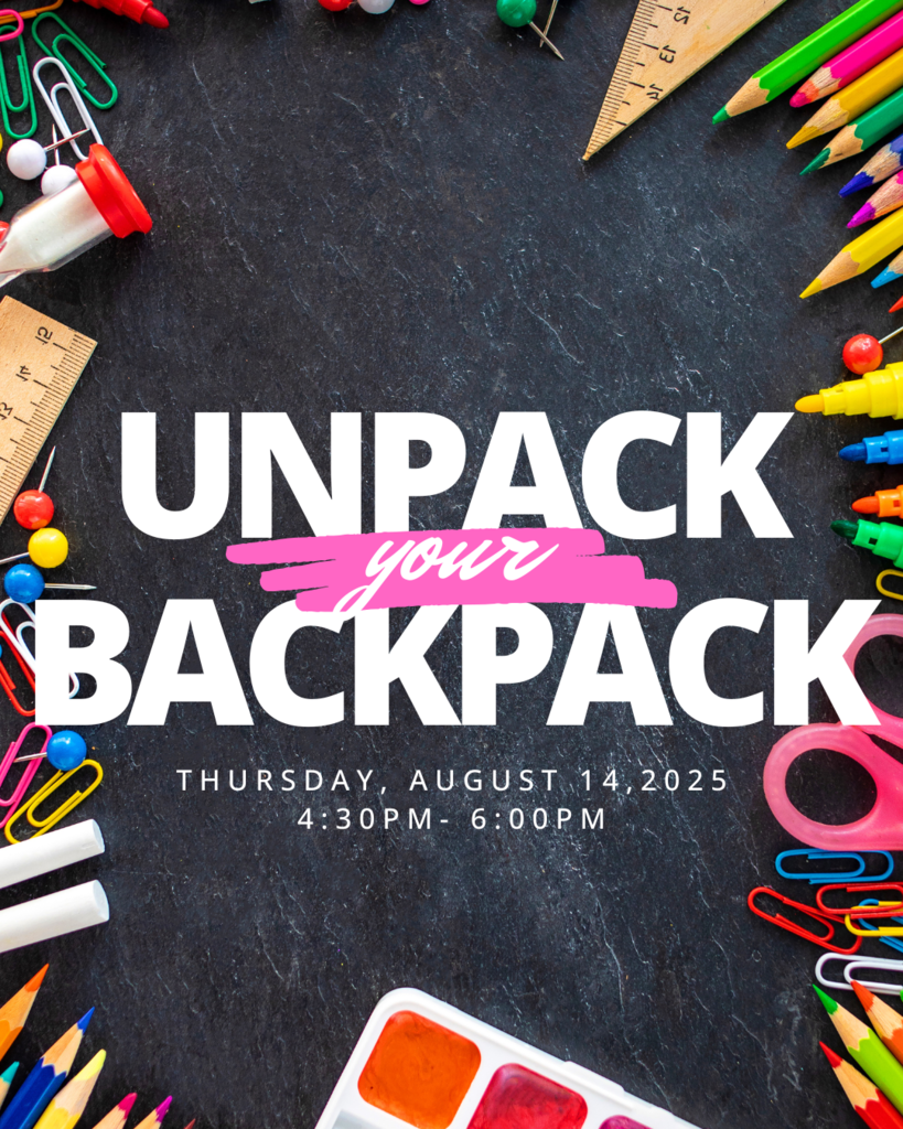 informational flier for unpack your backpack night with various school supplies around the border