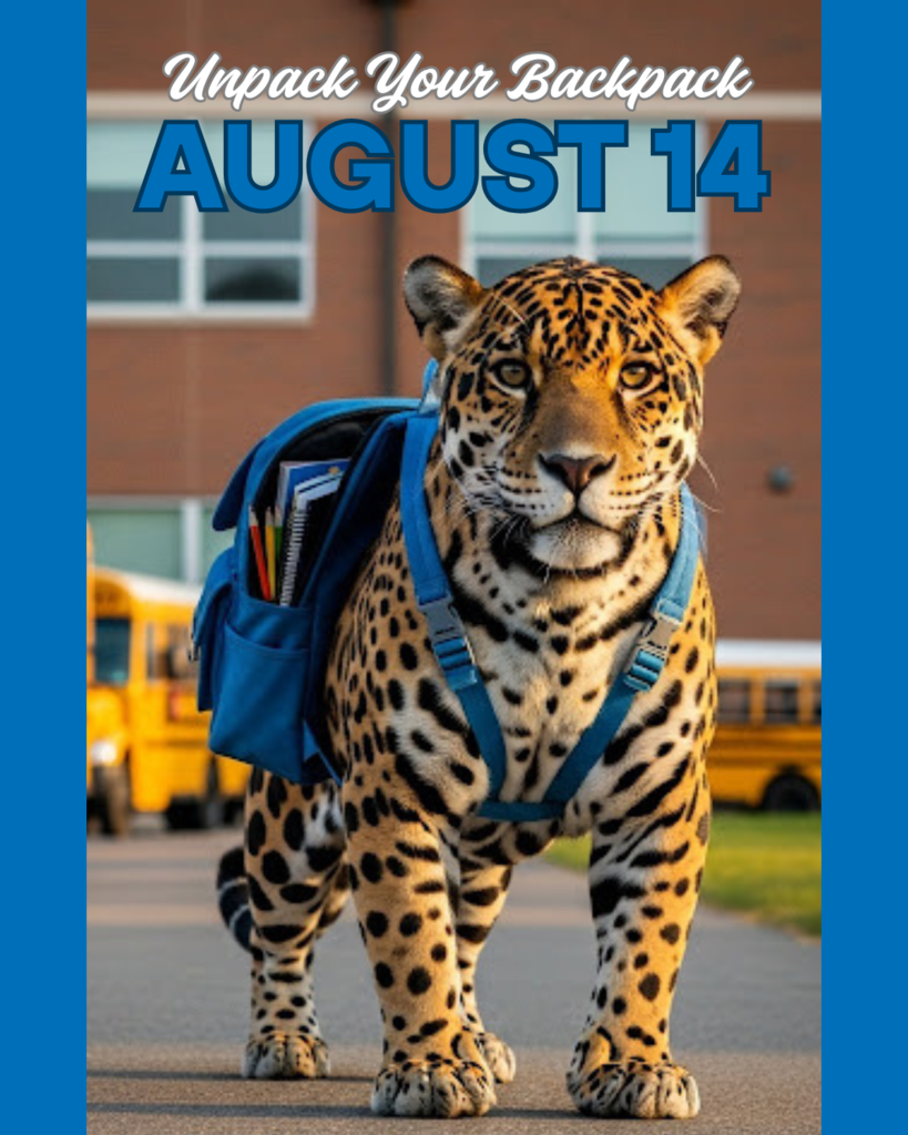 AI generated image of a jaguar wearing a blue backpack in front of a school building and school buses