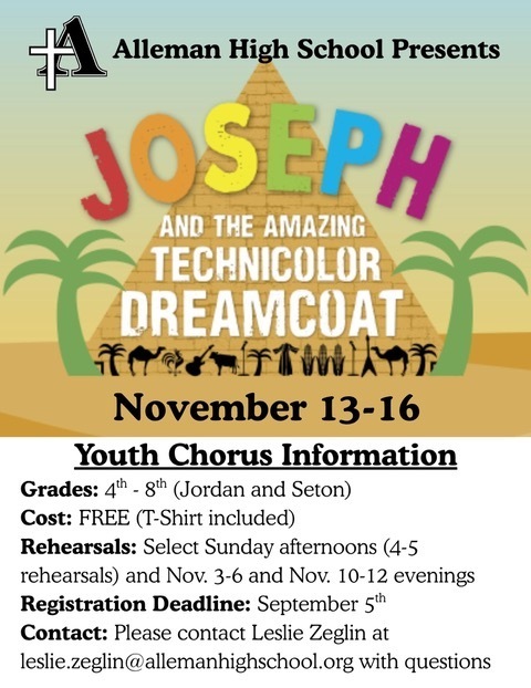 informational flier about Alleman's upcoming musical; image includes pyramid and palm trees