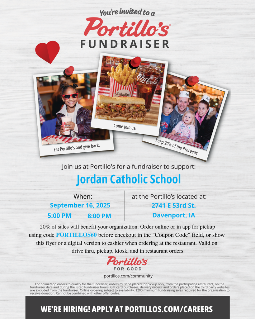 informational flier for Portillos Night 9/16/25 5-8pm 