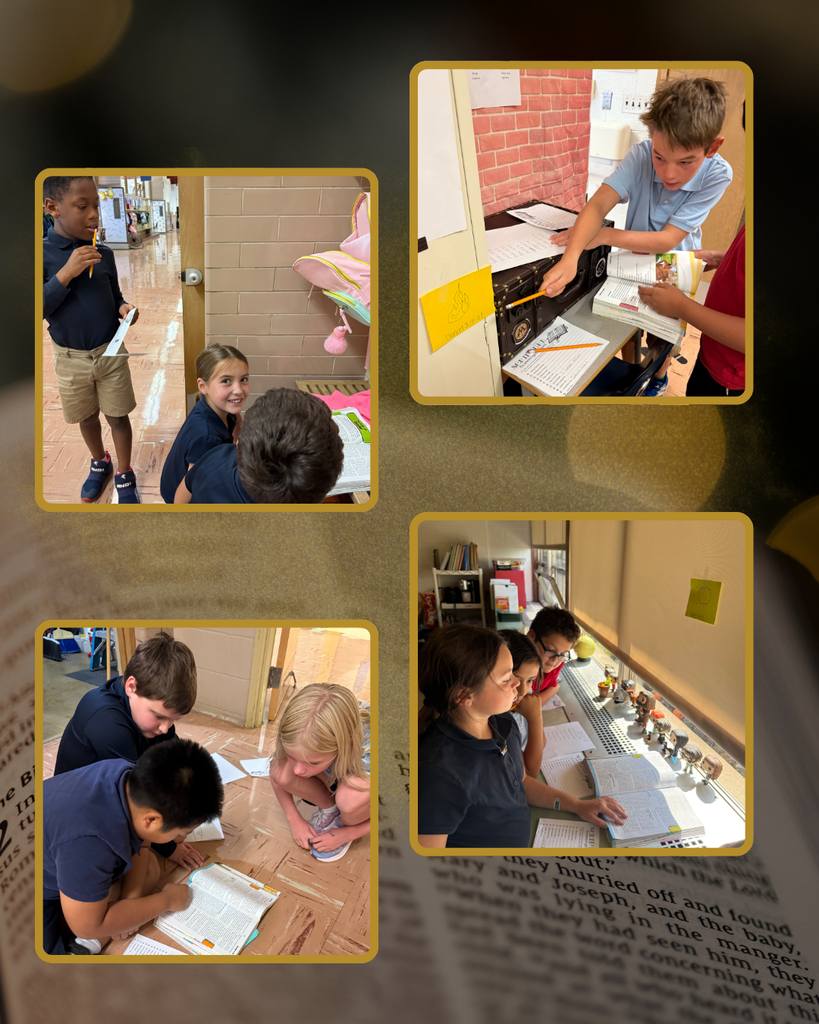 photo collage of students working together with a bible page background