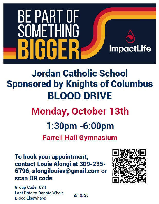 informational flier about blood drive at Jordan Oct 13 1:30-6pm