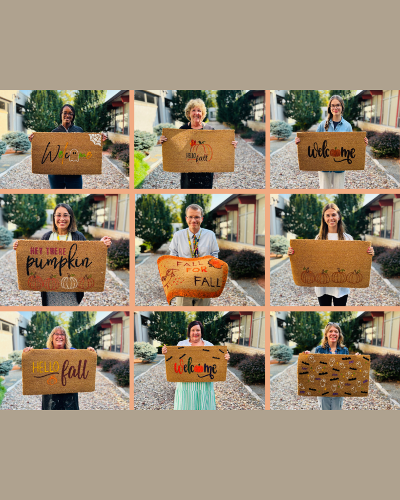 photo collage with teachers holding up the welcome mats they created during their Fall social