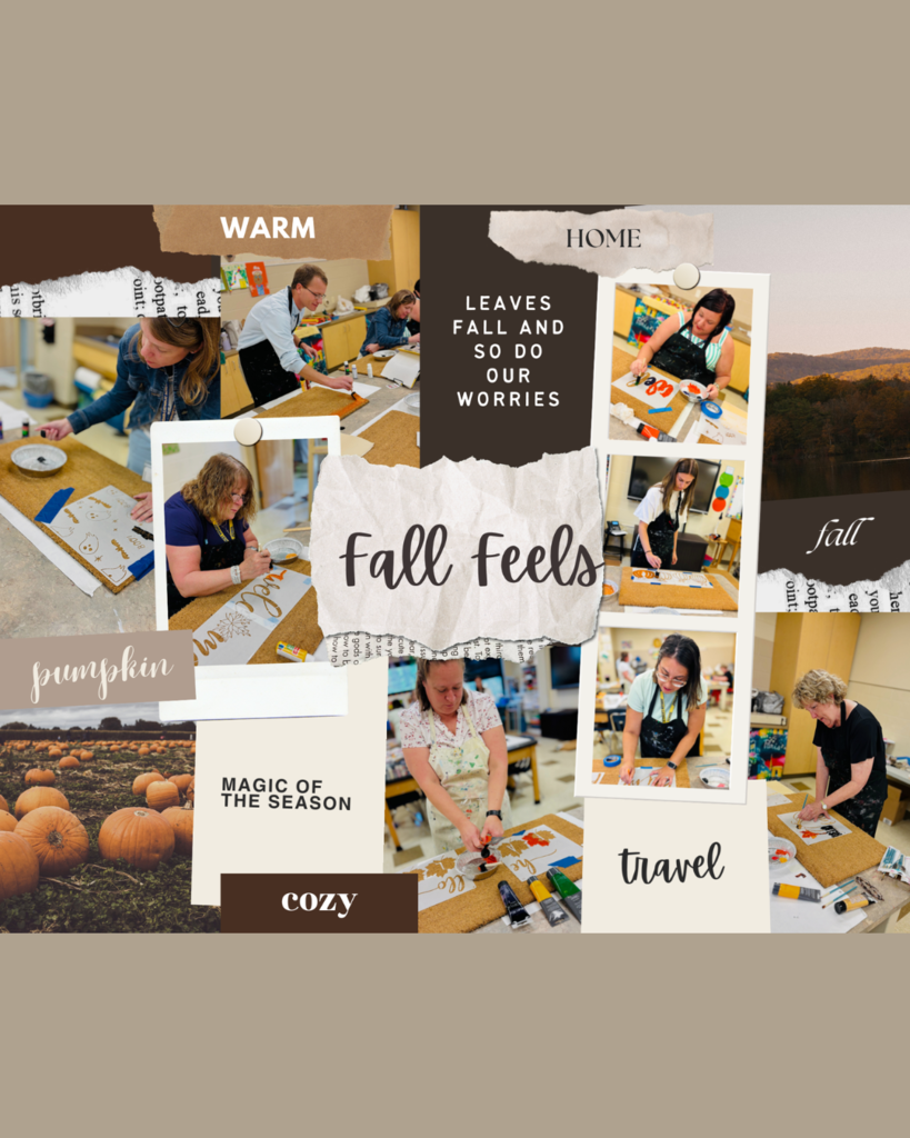 photo collage of teachers creating fall themed welcome mats
