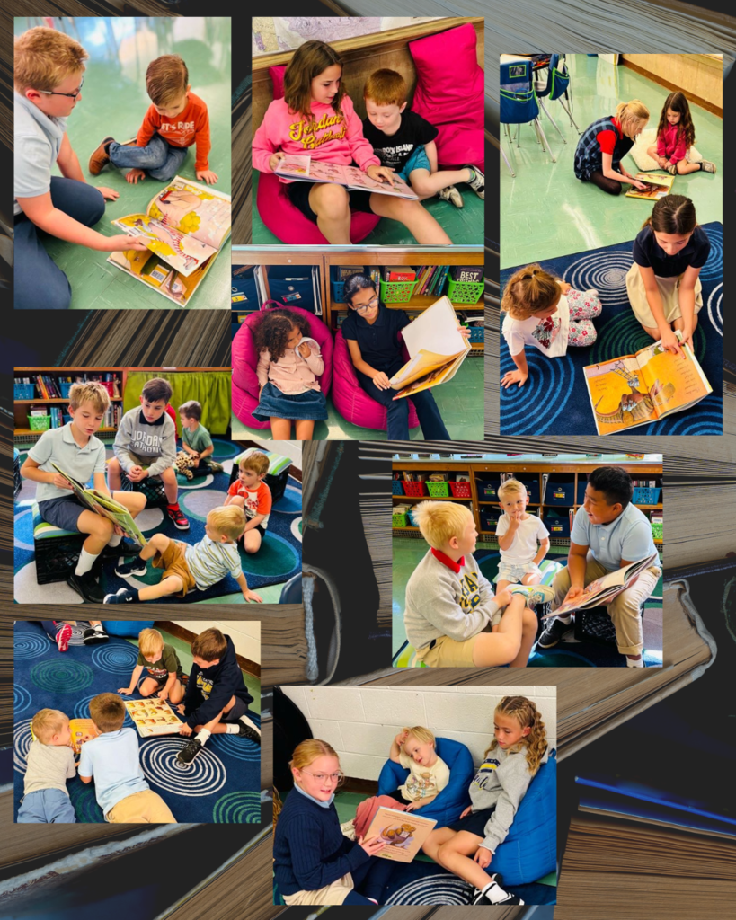 photo collage of 4th grade students reading with preschool buddies