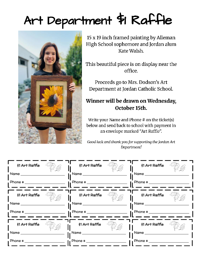 photo of student holding sunflower painting with printed information about Art Raffle