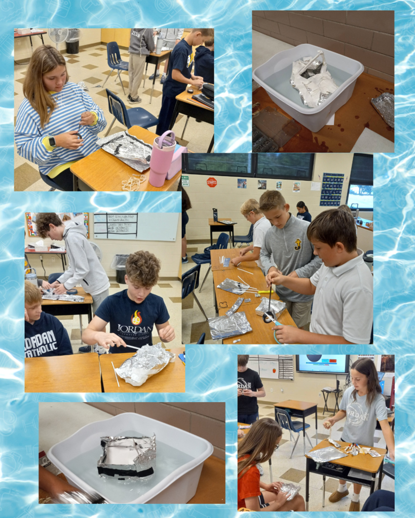 photo collage of students building aluminum foil boats on water background