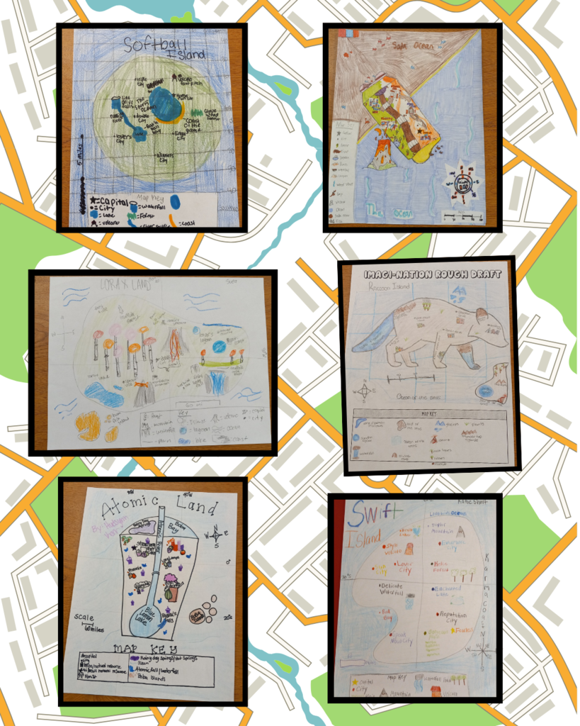 collage of student drawn imaginary maps