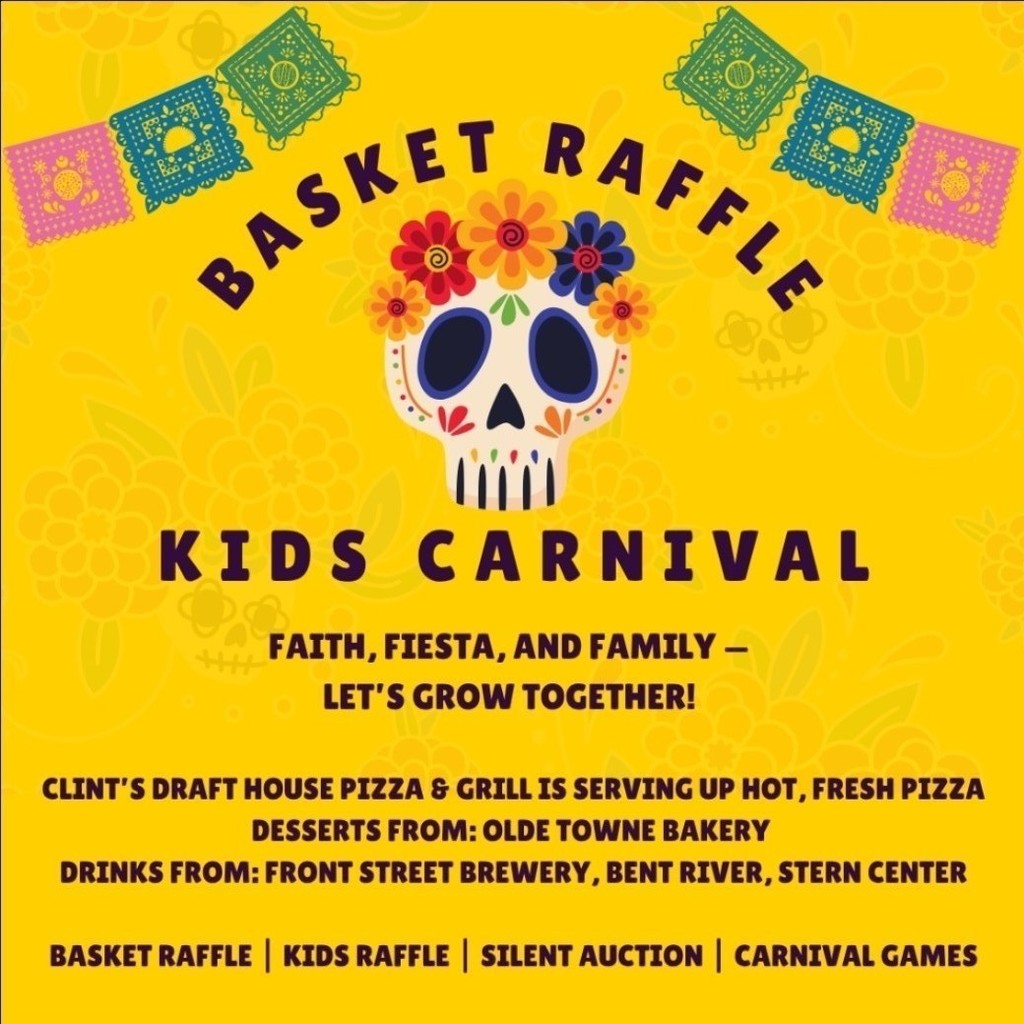 informational flier on yellow background with sugar skull decoration