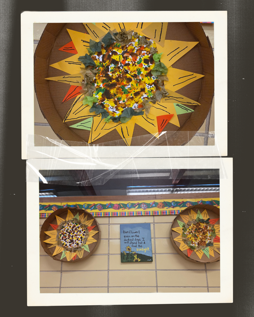 Student-created sunflowers using construction paper, tissue paper, and markers