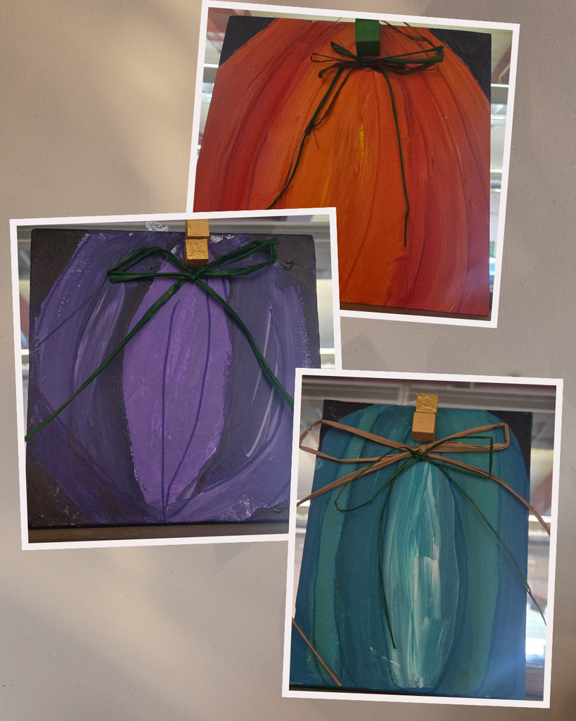 pumpkins painted with acrylic in purple, teal, and orange