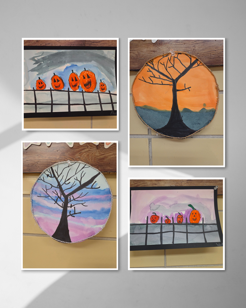 watercolor paintings of bare trees and jack-o-laterns