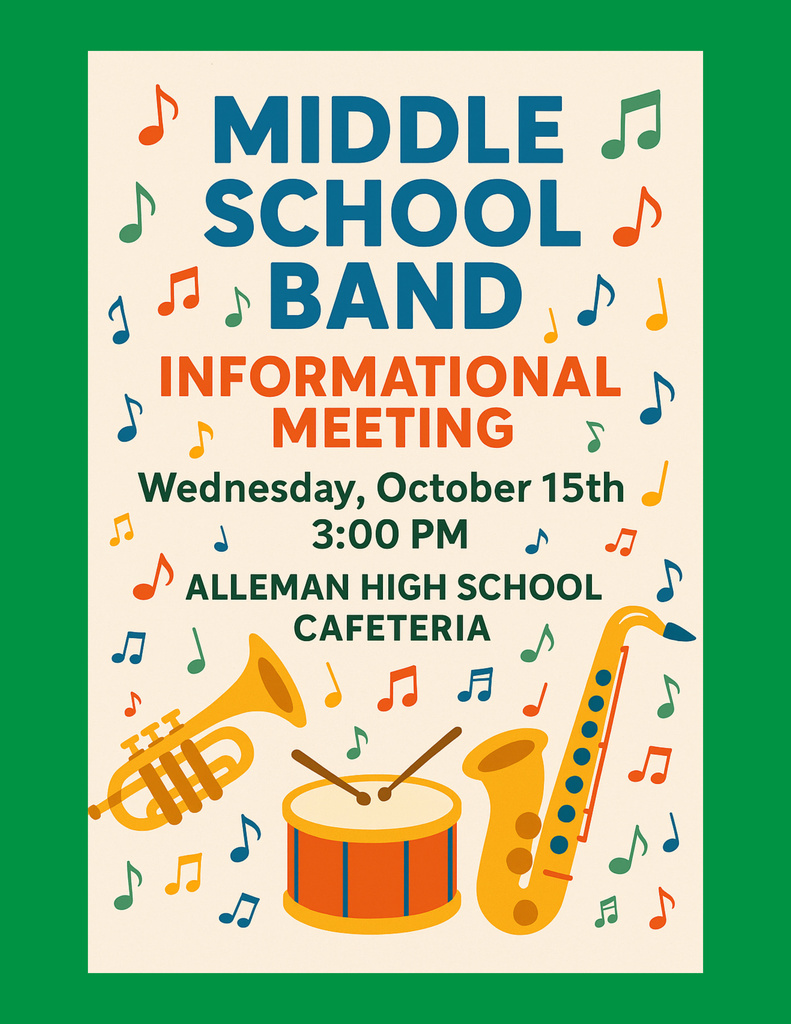 informational flier for middle school band meeting with various instrument graphics