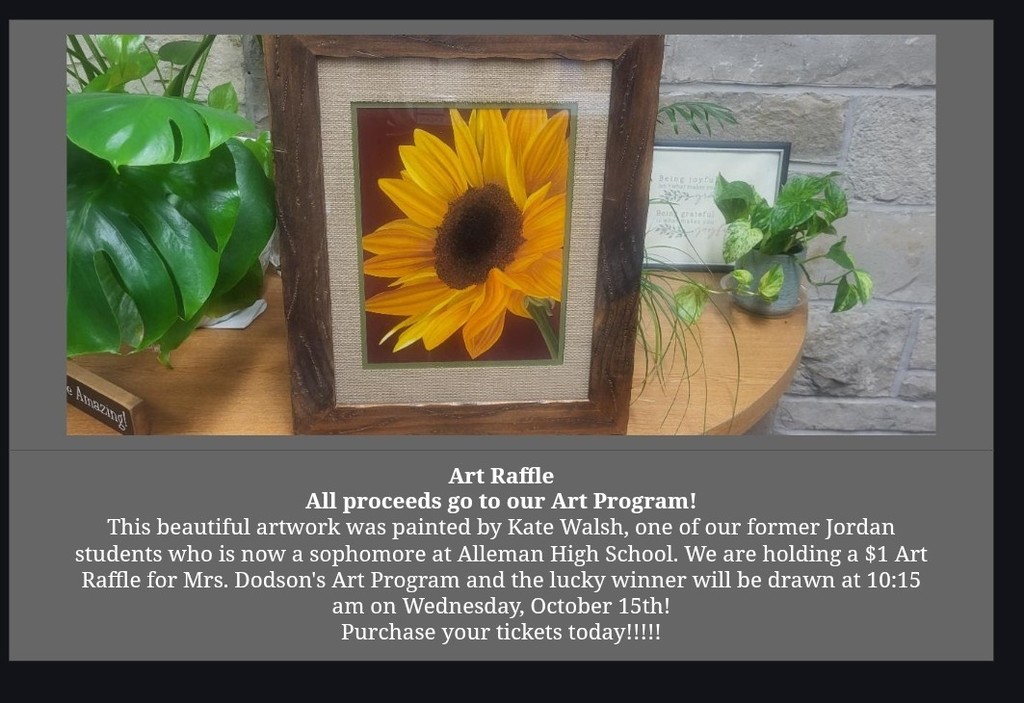 sunflower painting sitting on a shelf surrounded by green potted plants