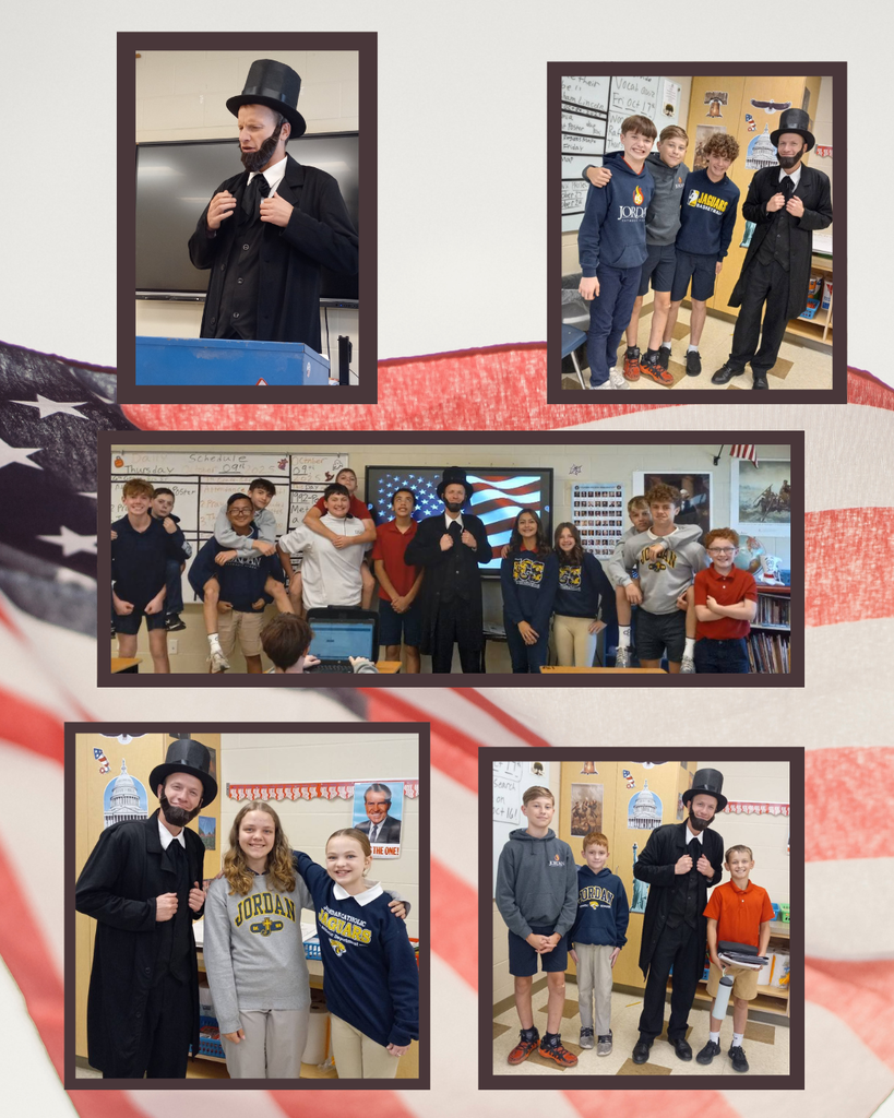 photo collage of students posing with their social studies teacher dressed up as Abe Lincoln