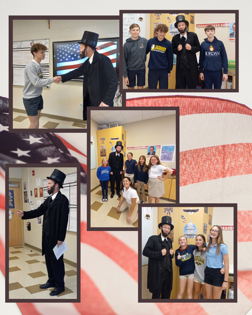 photo collage of students posing with their social studies teacher dressed up as Abe Lincoln
