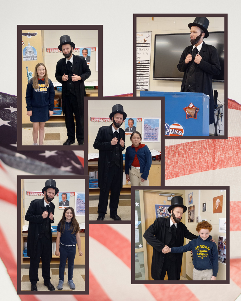 photo collage of students posing with their social studies teacher dressed up as Abe Lincoln