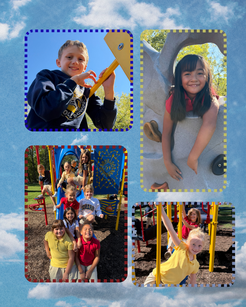 photo collage of students playing on the playground equipment