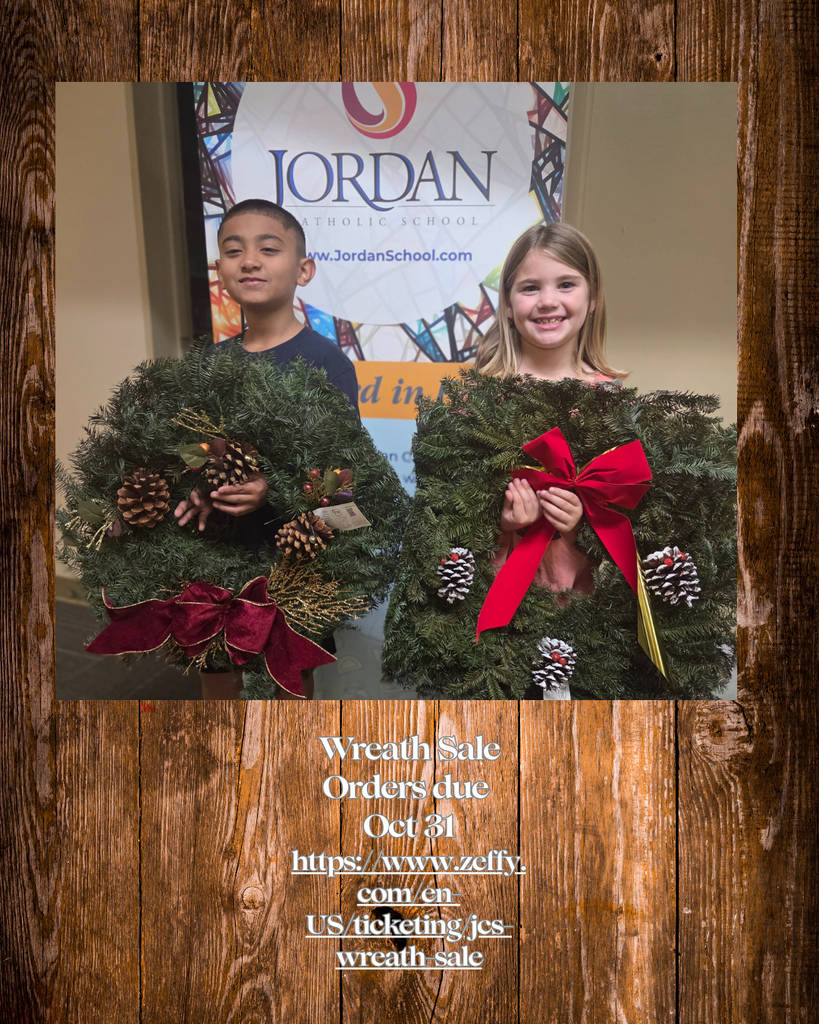 boy and girl posing with holiday wreaths on a wood grain background