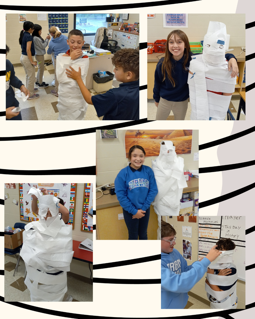 photo collage of students wrapping each other up like mummies