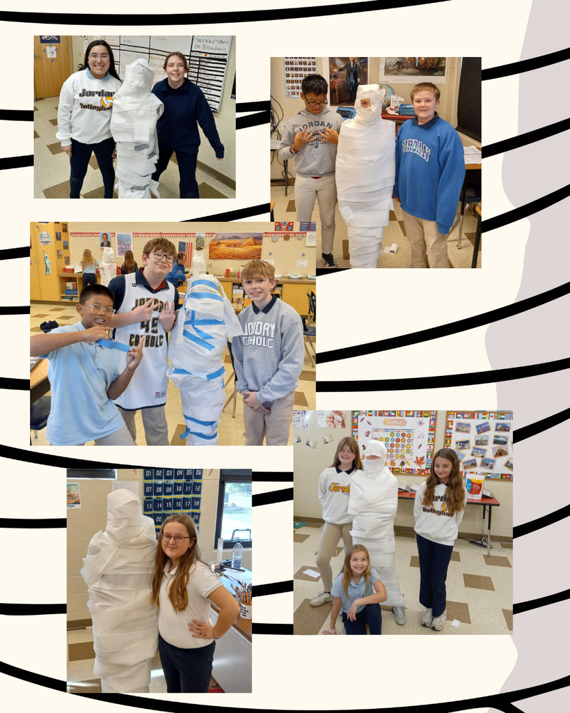 photo collage of students wrapping each other up like mummies