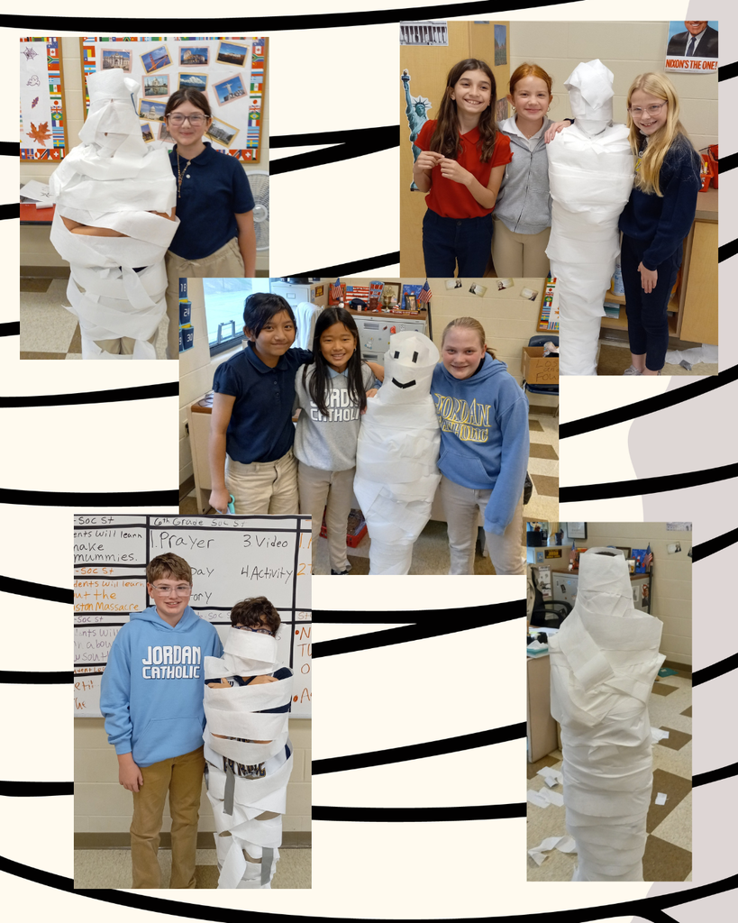 photo collage of students wrapping each other up like mummies