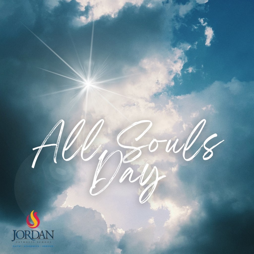 sun peeking out from behind clouds with the words All Souls Day