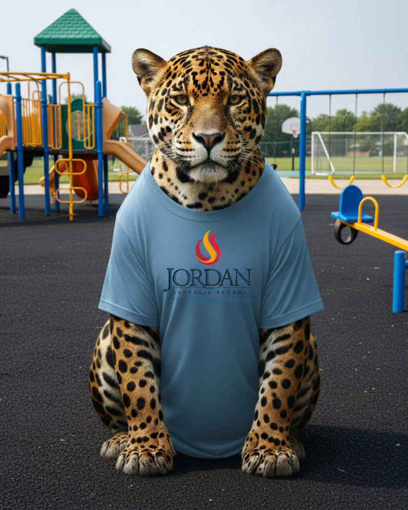 AI generated image of a jaguar wearing a blue Jordan tee in front of a school playground